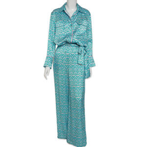 Palomablue Women's Blue Floral Silk Pajama Set With Tie Waist - Used - Size XS